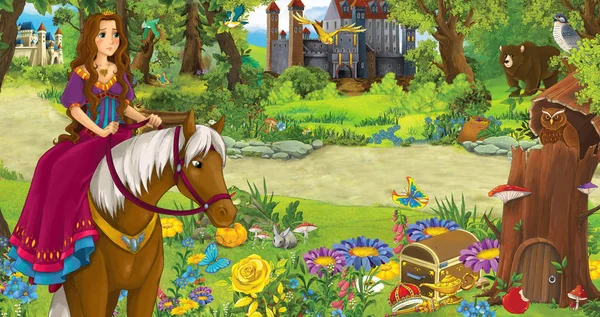Мультяшная сцена с счастливым юным принцем верхом на лошади в лесу, встречая два замка - иллюстрация для детей — стоковое фото