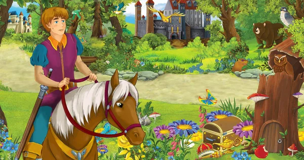 ormanda ata binen mutlu genç çocuk prens ile karikatür sahnesi iki kale karşılaşan - çocuklar için illüstrasyon