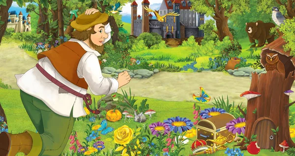 Escena de dibujos animados con un hombre mayor agricultor o cazador en el bosque que se encuentra con dos castillos - ilustración para niños — Foto de Stock