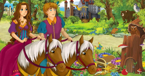mutlu genç erkek prens ve kız prenses ormanda uçan baykuş çifti karşılaşarak ata binen karikatür sahnesi - çocuklar için illüstrasyon