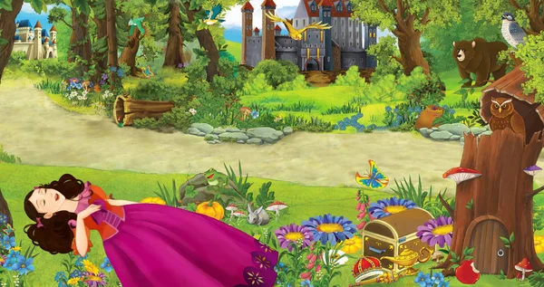Мультяшна сцена з принцесою-молодою дівчиною в лісі біля деяких замків у лісі - ілюстрація для дітей — стокове фото