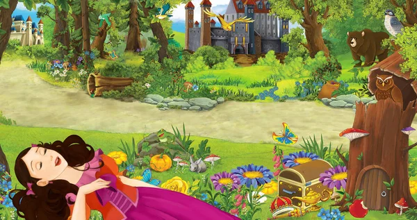 ormanda bazı kaleler yakınında ormanda genç kız prenses ile karikatür sahnesi - çocuklar için illüstrasyon