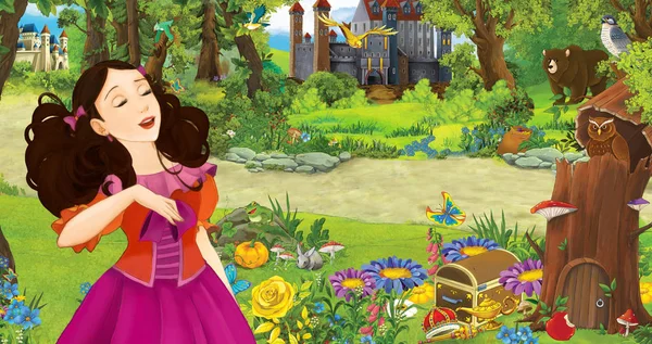 Karikatúra jelenet fiatal lány hercegnő az erdőben közelében néhány kastély az erdőben-illusztráció gyerekeknek — Stock Fotó