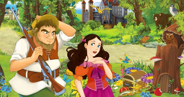 cartoon scene with older man farmer or hunter talking to some princess in the forest encountering two castles - illustration for children