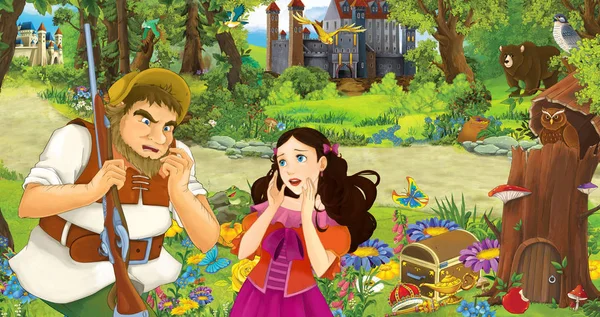 yaşlı adam çiftçi veya avcı ormanda iki kale karşılaşan bazı prenses konuşurken karikatür sahne - çocuklar için illüstrasyon
