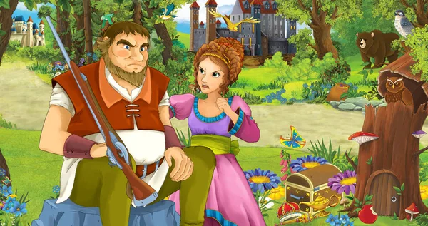 cartoon scene with older man farmer or hunter talking to some princess in the forest encountering two castles - illustration for children