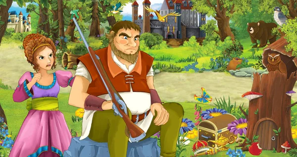 Мультяшная сцена с пожилым человеком фермером или охотником, разговаривающим с какой-то принцессой в лесу, встречающей два замка - иллюстрация для детей — стоковое фото