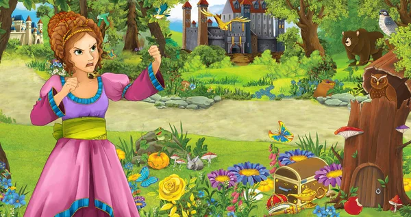 卡通场景与年轻女孩公主在森林附近的一些城堡在森林 - 插图为儿童 — 图库照片
