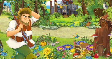 yaşlı adam çiftçi veya avcı ormanda iki kale karşılaşan ile karikatür sahne - çocuklar için illüstrasyon