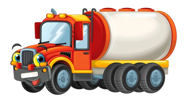 Kreslená šťastná cisterna nákladní automobil smutná nebo překvapená izolovaná na bílém pozadí-ilustrace pro děti — Stock fotografie