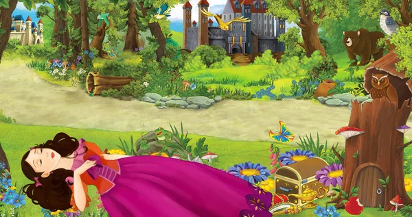 Kreslená scéna s mladou princeznou v lese nedaleko některých hradů v lese-ilustrace pro děti — Stock fotografie