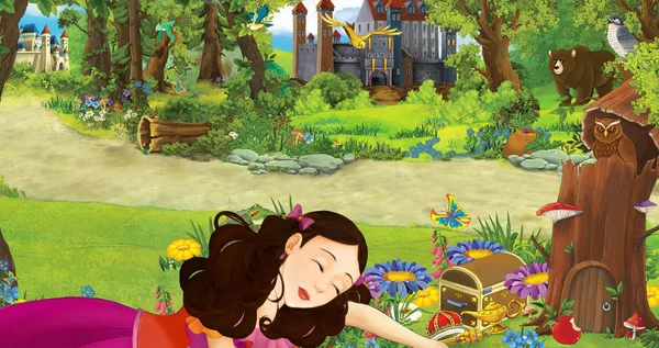 Cartoon scene with young girl princess in the forest near some castles in the forest - illustration for children — Stock Photo, Image