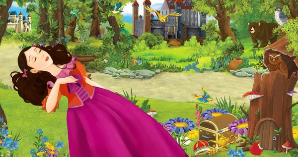 ormanda bazı kaleler yakınında ormanda genç kız prenses ile karikatür sahnesi - çocuklar için illüstrasyon