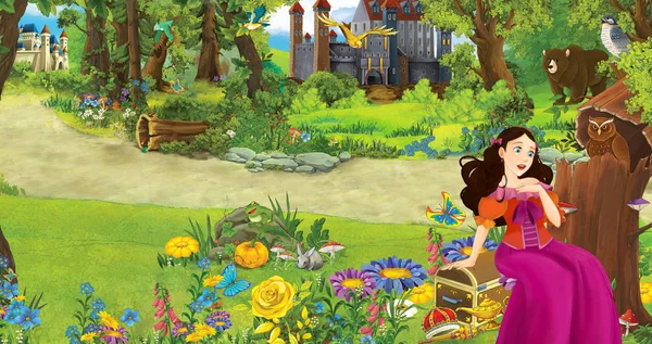 Escena de dibujos animados con la joven princesa en el bosque cerca de algunos castillos en el bosque - ilustración para los niños — Foto de Stock