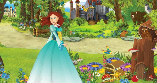 Cartoon scene with young girl princess in the forest near some castles in the forest - illustration for children — Stock Photo, Image