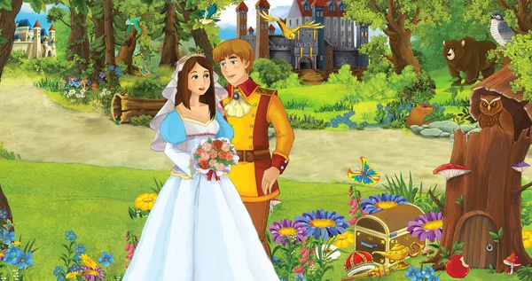 Scena del cartone animato con felice giovane ragazza e ragazzo principe e principessa nella foresta vicino ad alcuni castelli - illustrazione per bambini — Foto Stock