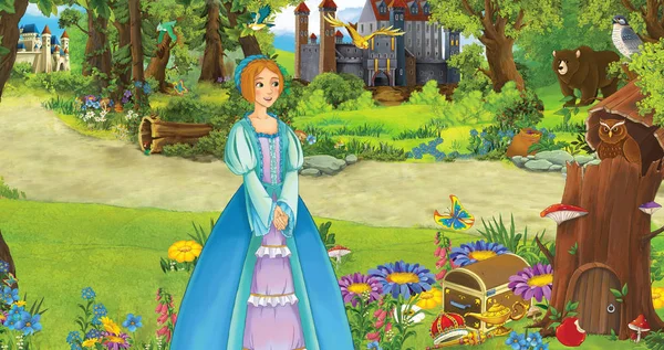 ormanda bazı kaleler yakınında ormanda genç kız prenses ile karikatür sahnesi - çocuklar için illüstrasyon