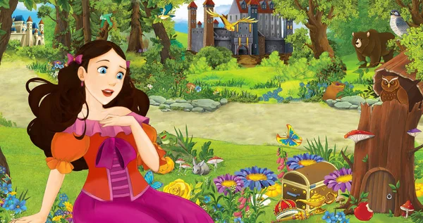 森の中のいくつかの城の近くの森の中で若い女の子の王女と漫画のシーン - 子供のためのイラスト — ストック写真