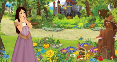 ormanda bazı kaleler yakınında ormanda genç kız prenses ile karikatür sahnesi - çocuklar için illüstrasyon