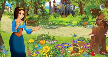 ormanda bazı kaleler yakınında ormanda genç kız prenses ile karikatür sahnesi - çocuklar için illüstrasyon