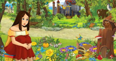 ormanda bazı kaleler yakınında ormanda genç kız prenses ile karikatür sahnesi - çocuklar için illüstrasyon