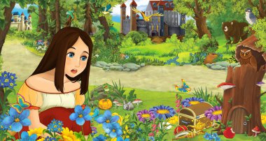 ormanda bazı kaleler yakınında ormanda genç kız prenses ile karikatür sahnesi - çocuklar için illüstrasyon