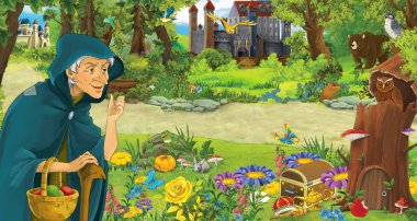 ormanda uçan baykuş çifti karşılaşan mutlu yaşlı kadın cadı büyücü ile karikatür sahnesi - çocuklar için illüstrasyon