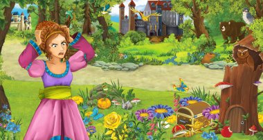 ormanda bazı kaleler yakınında ormanda genç kız prenses ile karikatür sahnesi - çocuklar için illüstrasyon