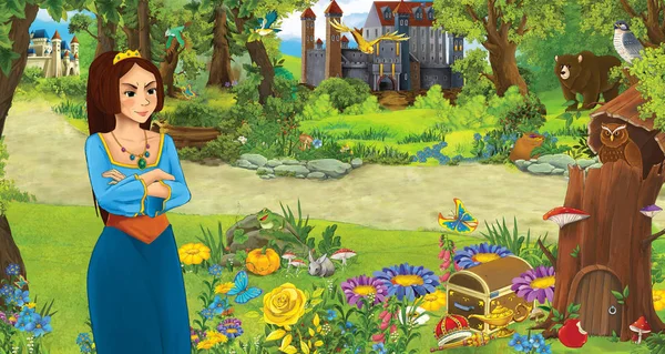 Ormanda bazı kaleler yakınında ormanda genç kız prenses ile karikatür sahnesi - çocuklar için illüstrasyon — Stok fotoğraf