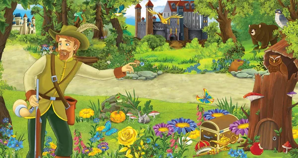 yaşlı adam çiftçi veya avcı ormanda iki kale karşılaşan ile karikatür sahne - çocuklar için illüstrasyon