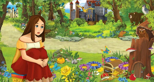 Cartoon scene with young girl princess in the forest near some castles in the forest - illustration for children — Stock Photo, Image