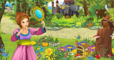 ormanda bazı kaleler yakınında ormanda genç kız prenses ile karikatür sahnesi - çocuklar için illüstrasyon