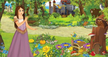 ormanda bazı kaleler yakınında ormanda genç kız prenses ile karikatür sahnesi - çocuklar için illüstrasyon