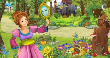 ormanda bazı kaleler yakınında ormanda genç kız prenses ile karikatür sahnesi - çocuklar için illüstrasyon