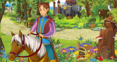 ormanda ata binen mutlu genç çocuk prens ile karikatür sahnesi iki kale karşılaşan - çocuklar için illüstrasyon