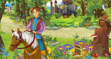 ormanda ata binen mutlu genç çocuk prens ile karikatür sahnesi iki kale karşılaşan - çocuklar için illüstrasyon