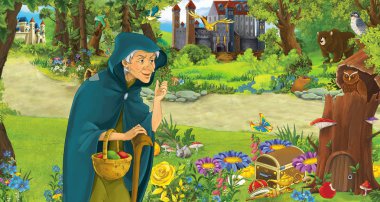 ormanda uçan baykuş çifti karşılaşan mutlu yaşlı kadın cadı büyücü ile karikatür sahnesi - çocuklar için illüstrasyon