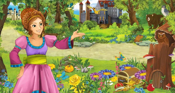 Мультфильм сцена с юной принцессой в лесу рядом с некоторыми замками в лесу - иллюстрация для детей — стоковое фото