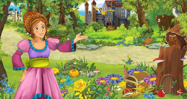 Escena de dibujos animados con la joven princesa en el bosque cerca de algunos castillos en el bosque - ilustración para los niños —  Fotos de Stock