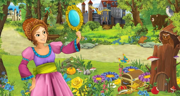 Karikatúra jelenet fiatal lány hercegnő az erdőben közelében néhány kastély az erdőben-illusztráció gyerekeknek — Stock Fotó