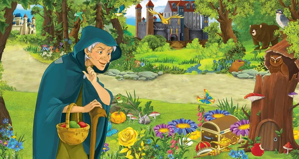 Cena dos desenhos animados com bruxa velha feliz feiticeira na floresta encontrando par de corujas voando - ilustração para crianças — Fotografia de Stock