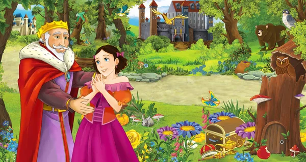 Escena de dibujos animados con la familia feliz princesa y rey o príncipe el bosque encuentro par de búhos volando - ilustración para los niños — Foto de Stock