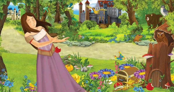 Καρτούν σκηνή με νεαρό κορίτσι πριγκίπισσα στο δάσος κοντά σε μερικά κάστρα στο δάσος-εικόνα για τα παιδιά — Φωτογραφία Αρχείου