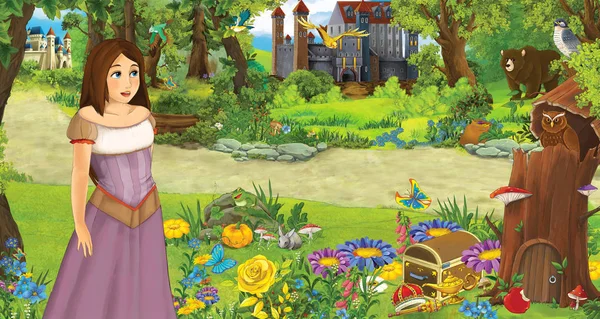 Cartoon scene with young girl princess in the forest near some castles in the forest - illustration for children — Stock Photo, Image