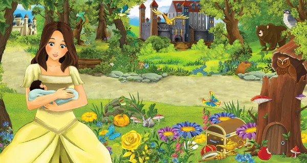 Cartoon scene with young girl princess in the forest near some castles in the forest - illustration for children — Stock Photo, Image