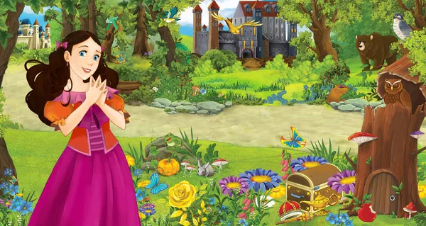 Cartoon scene with young girl princess in the forest near some castles in the forest - illustration for children — Stock Photo, Image