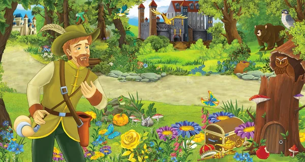 Escena de dibujos animados con un hombre mayor agricultor o cazador en el bosque que se encuentra con dos castillos - ilustración para niños — Foto de Stock