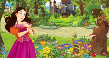 ormanda bazı kaleler yakınında ormanda genç kız prenses ile karikatür sahnesi - çocuklar için illüstrasyon