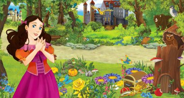 ormanda bazı kaleler yakınında ormanda genç kız prenses ile karikatür sahnesi - çocuklar için illüstrasyon