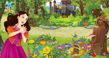 ormanda bazı kaleler yakınında ormanda genç kız prenses ile karikatür sahnesi - çocuklar için illüstrasyon